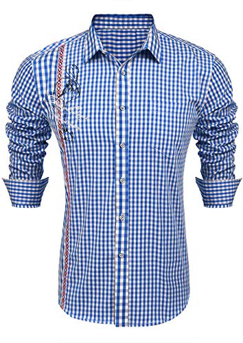 COOFANDY Traditionell skjorta, herr, rutig skjorta, smal passform, långärmad fritid, oktoberfest, rutig skjorta för män, blå, M