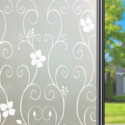 Qualsen Fensterfolie Sichtschutzfolie für Glasfenster Milchglasfolie Blumenmuster Buntglas Fensterfolie Dekorativer Fensteraufkleber Statisch haftende Glasfolie 30 x 200 cm, P014W