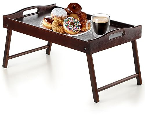 KADAX Tavolino da letto, vassoio per la colazione in legno di pino, 19 x 30 x 50 cm, vassoio pieghevole per colazione a letto, tavolino (marrone scuro)