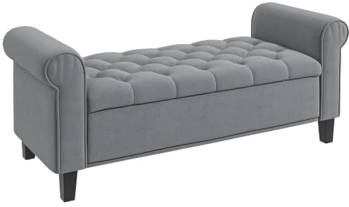 HOMCOM Panca Camera da Letto con Vano Contenitore, Grigio | Braccioli Arrotolati, Panca Fondo Letto Imbottita, Tessuto Effetto Velluto, per Ingresso e Soggiorno, 126x48.5x57 cm