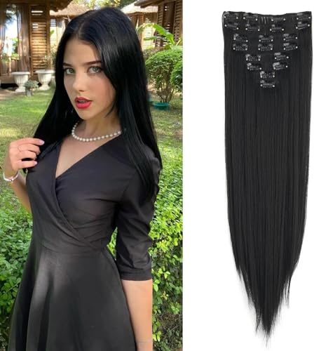 Dcbaboo Clip in Extensions hårdel hårförlängning slät 8 st 60 cm förlängningsklämma i hårförlängningar som äkta hår, prisvärd hårförlängning syntetisk lång, svart