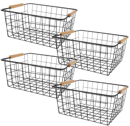 LDHHYH 4 Pack Black Metal Wire Storage Baskets, Pantry Baskets for Organizing, Wire Food Storage Basket Organizer with Wooden Handles for Kitchen, Pantry, Freezer - 29 x 22 x 12cm