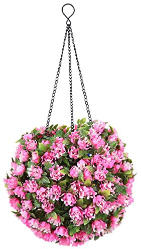 Angoily Garden Solar Lamp Hanging Flower Grass Ball Chandelier with LED Light for Wedding Patio Yard Artificial Topiary Ball Indoor Outdoor Pink Iron