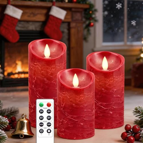 AiiBowy Led Kerzen [3er Set] Flammenlose Kerze Echtwachs Flackernde Dimmbar mit Batterie Fernbedienung Weihnachtskerzen LED Flammen 4/5/6” Tischdeko, Wohnzimmer, Weihnachten, Hochzeit, Party （Rot）