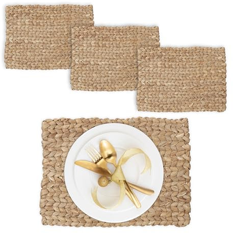 Relaxdays Set 4 Tovagliette Sottopiatto in Giacinto Acquatico, HLP: 1,5x42x30 cm, Placemat Americane in Paglia, Naturale