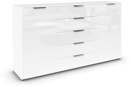 Rauch Möbel Flipp, Kommode, Farbe Glas Weiß, Breite 180 cm | Sideboard, 2-türig, 5 Schubladen, Glasfront, Soft-Close-Funktion, für Schlafzimmer, Gästezimmer, Wohnzimmer, Garderobe, Flur