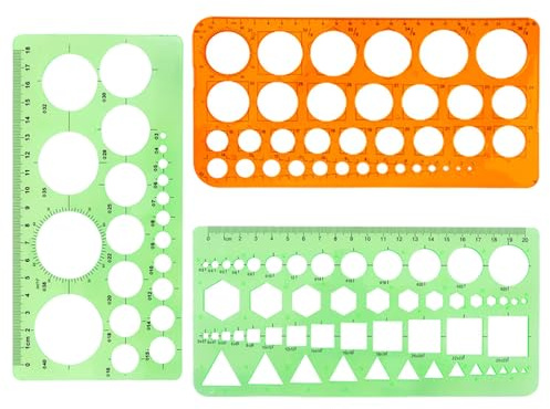 TRKETK 3 Stück Zeichenschablone, Messschablonen aus Kunststoff Lineal Quiltwerkzeug Multifunktionales Rundes Geometrisches Schablonenlineal Zeichenset für Büro Schule Gebäude (Grün+Orange)
