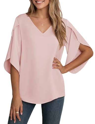 YGJIEGENG Camicia Donna Elegante a Manica a 3/4 Top Estiva Casual Tessuto in Chiffon Scollo a V Blusa Camicetta Manicotto Split Rosa M