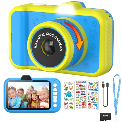 ULEWAY Appareil Photo Enfant, 3.5 Grand Écran, Zoom Rotatif 360°, 1080P HD Appareil Photo Numérique Enfant avec Selfies,Flash,Carte 32G, Cadeau Jouet Fille et Garçons 3 4 5 6 7 8 9 10 11 12 Ans(Bleu)