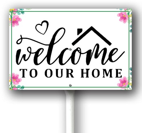 Horienteeon Willkommensschild mit Pfahl Welcome To Our Home, Aluminium, Willkommensschild, Außenpfahl, 20,3 x 30,5 cm, für den Außenbereich, Gras, Hof, Schilder, Willkommensrasen, dekorative