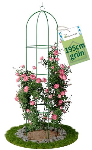 TTL Garden Obelisk Rankhilfe XL 195x40cm grün - Rosen Rankgitter Metall rostfrei für Kletterpflanzen Rosen Clematis - pulverbeschichteter Stahl 195 cm hoch 40cm Ø Rankobelisk für Tomaten Gurken