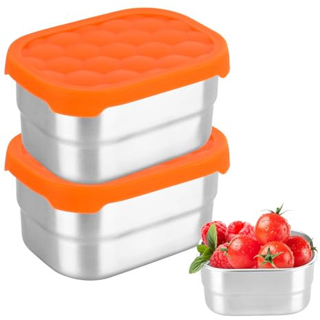 elthmpr Snack-Behälter Edelstahl-Snack Box - 2 Stück Snackbehälter 230 ml Salatdressing Behälter mit Deckel aus Silikon Kleine Dosen Leak-Proof Dressing Behälter für Gewürze Snack Salat