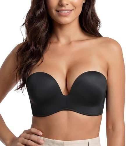 Lemorosy Damen Push Up Trägerloser BH Tiefer Ausschnitt ohne Bügel mit Flügeldesign Bequem Breiter Rücken Ausreichend Stützen Bügellos Bandeau(Beige,80A)