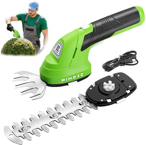 PINOZE Akku-Grasschere & Sträucherschneider - 2 in 1 Handheld 7.2V Kleine elektrische Busch Trimmer, 2.0Ah Akku betrieben Strauch Trimmer Rasenschneider für Garten, Garten, Rasenpflege - Grau/Grün