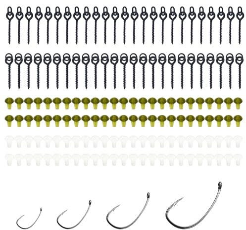 INNAL 154 Stück Schrauben für Angelköder, 50 Stück Vitis für Fischköder, 100 Stück Haken aus Gummi, 4 Stück Schrauben für Angelköder, Karpfenangeln Zubehör