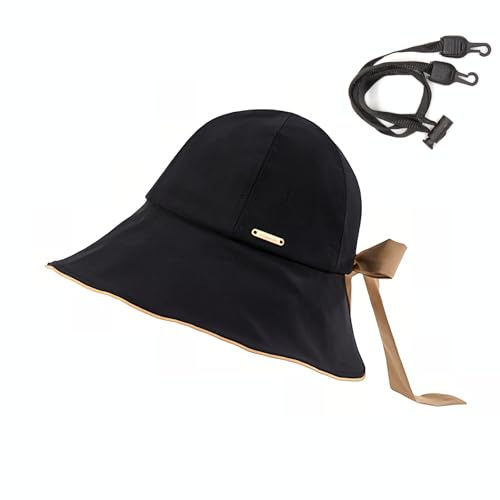 YAMEIZE Bowknot damsolhatt med hink - vikbar bred brätte hatt för dam sommar för sol UPF50+ vikbar strand, Svart, 52-56