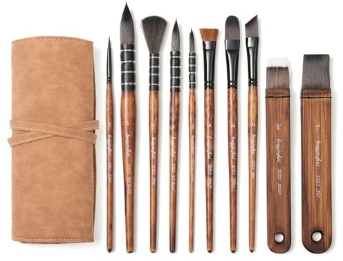 Juego profesional de pinceles Taklon 10 para acuarela, acrílico y gouache, 8 cabezales, estuche de viaje, pegamento ecológico, 3000 golpes probados