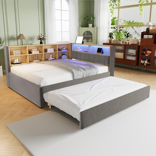 Kebnor Schlafsofa Ausziehbett mit USB-Steckdose und vielen Staufächern, Polsterbett, Multifunktionsschlafsofa, Einzelbett (Dunkelgrau, 140 * 200cm)