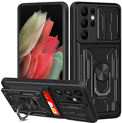 Aolcev for Samsung S21 Ultra Case with Card Holder Magnetic Ring Kickstand Slide Camera Cover Heavy Duty Hard PC Soft TPU Bumper Armor Shockproof Protective Wallet Case for S21 Ultra Phone Case-Black