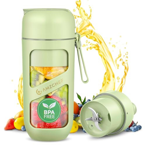 AMZCHEF Batidora de Vaso Portatil - Mini Batidora al Vacío para Batidos y Smoothies - Gran Poder de Corte con 10 Cuchillas - Licuadora Portatil para Deportes, Viajes, Senderismo