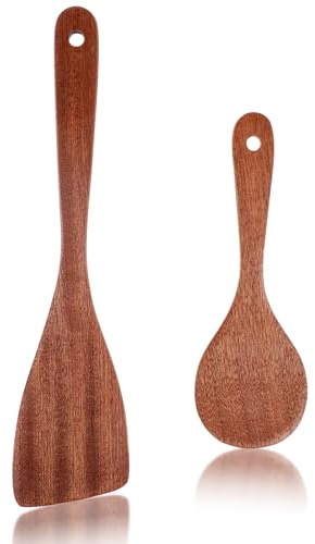 Ouligay 2Pcs Wooden Spoon Spatula for Cooking, Wood Spatulas Natural Wooden Kitchen Cooking Utensils Long Handle Frying Spatulas Wood Turner Spurtle for Non-Stick Cookware Pan Wok