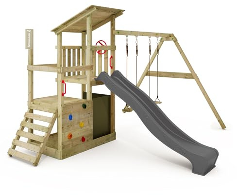 FATMOOSE Aire de Jeux FruityForest Fun XXL portique en Bois avec balançoire et Toboggan Anthracite, Tour d'escalade pour Enfants avec bac à Sable, échelle et Accessoires de Jeu pour Le Jardin