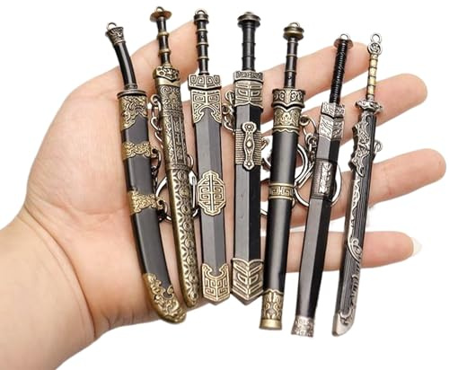 Pesoncarl Swords, 7Pcs Mini Sword, 4.7 Ancient Sword Keychain Chinese Keychain Zinc Alloy Key Chain Old Scabbard Decoration Pattern Uncut Blade Model for Men Women