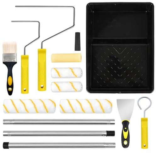 12 Pieces Paint Roller Set with Extension Pole, Professional Paint Rollers and Trays Sets, 9 inch Painting Roller Set, Paint Brush - Rollers Kit for Painting Walls, Edges & Ceilings