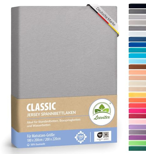 leevitex® Classic Jersey Spannbettlaken 180x200 – 200x220 cm | 150 GSM Baumwolle | Öko-Tex Zertifiziert | für Standard-, Boxspring- und Wasserbetten | 40 cm Steghöhe | 1er Pack | Grau