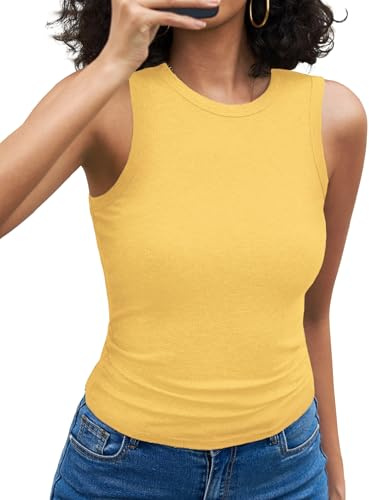 Aottori Canotta Donna Estiva Basic Top Slim Fit Canottiera a Coste Girocollo Shirts Senza Maniche Sexy Tanktop Elasticizzato Casual Giallo S