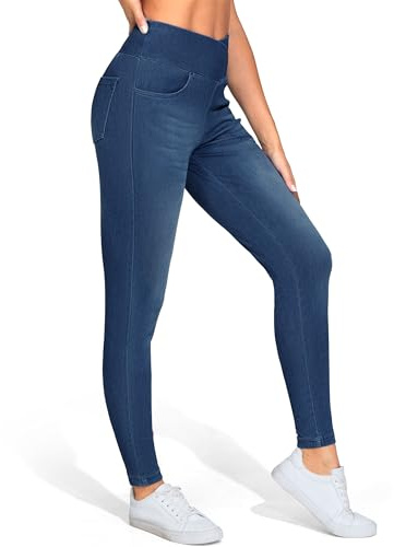 THE GYM PEOPLE Pantaloni da donna V Cross in denim, jegging a vita alta, elasticizzati, skinny, jeans con tasche, Blu scuro, M
