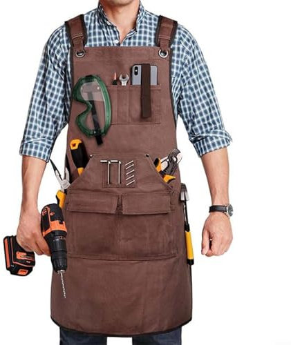 snowchecking Heavy Duty Canvas Work Apron With Cross Back Straps Multi Pockets For Welding Metalworking Craftsmen Workshop(coffee)