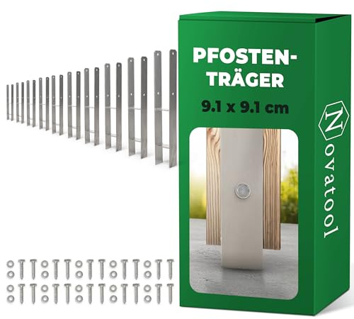 Novatool 10x Einschlagbodenhülsen-Set H-Form 91x91x600 mm, Bodenhülse Sonnenschirm Pfostenträger Zaunpfosten Holzpfosten Bodenhülsen Einschlaghülse Erdspieß zum Einschlagen, verzinkt, mit Schrauben