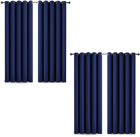 Hafaa Blackout Eyelet Curtains 90” x 90” for Living Room - Thermal Insulated Short Window Navy 2 Panel Curtains (Pack of 2) with Matching Tie Backs