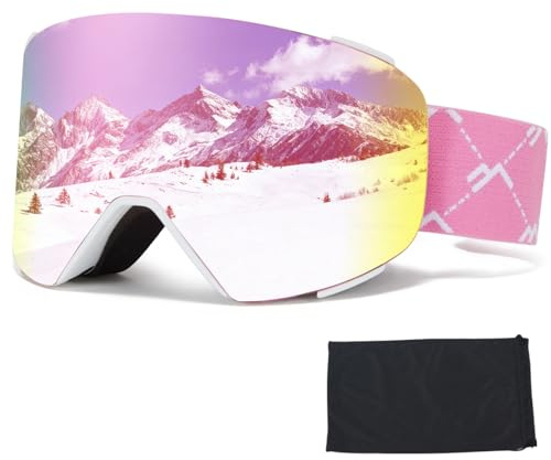 VCOROS Skibrille YH693C, Skibrille Magnetisch OTG für Unisex UV-Schutz Anti-Nebel Vollständig Plattiertes REVO Verstellbarer Rutschfester Riemen,Snowboard Brille für Skifahren (08-REVO Pink/White)