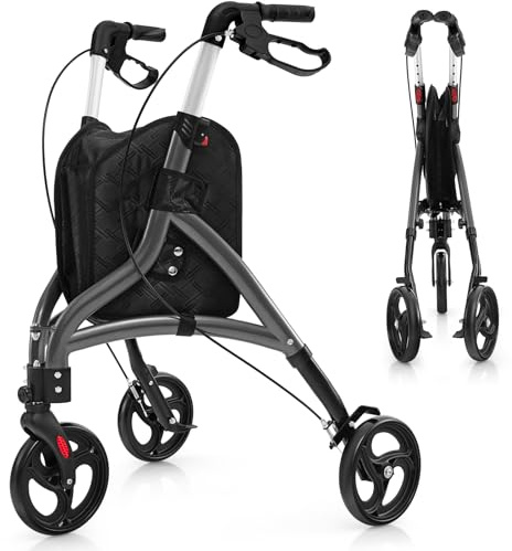 RELAX4LIFE Rollator Faltbar und Leicht, Rollatoren aus Aluminium mit stoßdämpfenden Rädern & Korb, Höhenverstellbare Griffe, Gehhilfe für Senioren, bis 136 kg belastbar, für Draußen & Reisen (Grau)