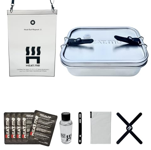 HEAT.me Lunchbox Kit PREMIUM - Selbstwärmende Edelstahl Lunchbox 800ml erhitzt Essen ohne Strom, Gas oder Feuer | 5 Heizpads inklusive
