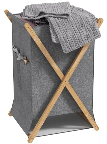 HOMCOM Cesto Portabiancheria Pieghevole 55L, Legno Naturale e Grigio | in Tessuto, Cesta per Biancheria con Telaio in Bambù, per Lavanderia e Camera