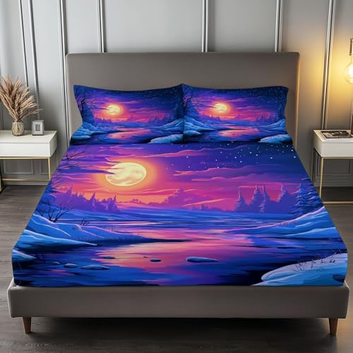 Lenzuola Matrimoniali Illustrazione Paesaggio Invernale Fantasy, Blu Zaffiro Set Lenzuola con Angoli in Microfibra con Angolo Fino a 30 cm con 2 Federe, Set completo da letto, 180 x 200 cm