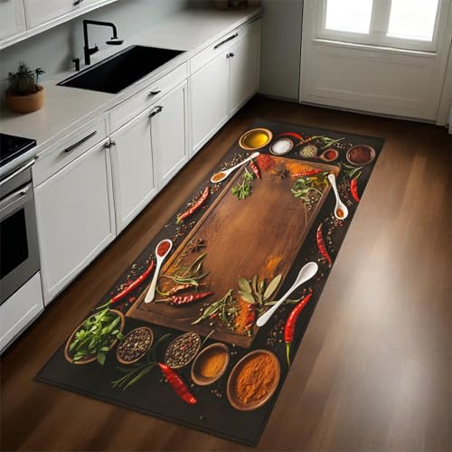 Brown Küchenläufer 60 x 180 cm Gewürze und EIN weißer Löffel rutschfest Waschbar Küchenteppich Pflegeleicht Teppich Läufer für Küche Flur Eingangsbereich Esszimmer