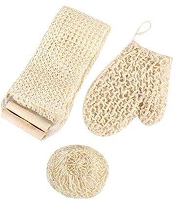Dioche Jute Back Wash Strap Exfoliating Gloves Body Scrubber Set for Deep Cleaning Shower Bath 3 Piece Kit with Mitt and Belt 100% Hemp