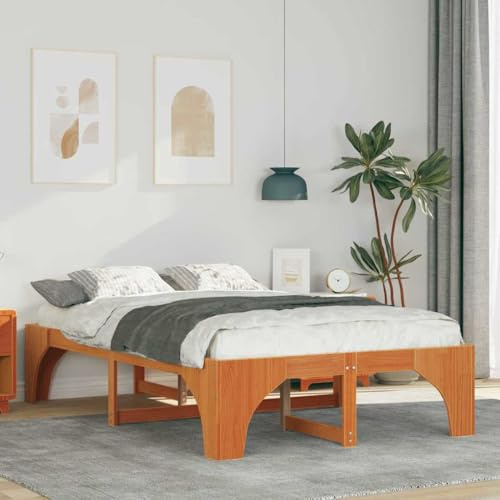 Ordellia Brun furu, golvsängram med förvaringsutrymme, 135 x 190 cm, robust plattformssäng för sovrum, vuxna