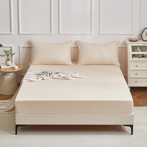Gezu spännlakan 140 x 200 mako-satin beige grädde av 100 % 40 S naturlig bomull temperaturreglerande glänsande bomullssatin silke lakan spännlakan 140 x 200 för hög madrass upp till 15–30 cm