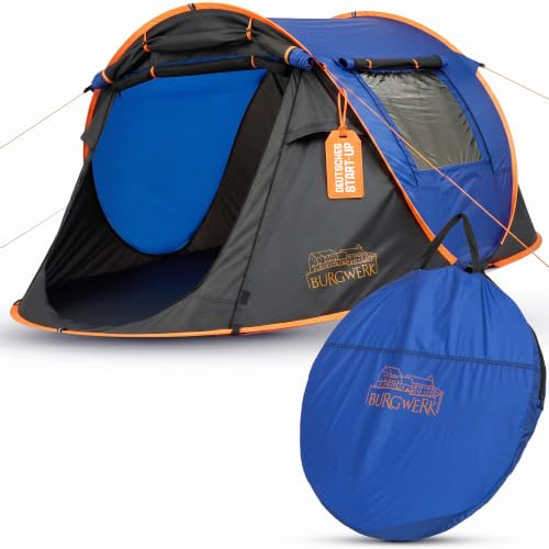 Burgwerk Wurfzelt für 3-4 Personen | 2 Sekunden Aufbau | 4000mm Wassersäule & UV-Schutz 50+ | Pop Up Zelt 3 Personen Wasserdicht Nachtblaue Schlafkabine | Verstärkte Heringe | Outdoor Camping Zelte