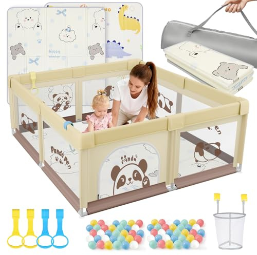 SOFTHOM Laufstall Baby mit Matratze 150x150, Laufgitter Beige Panda