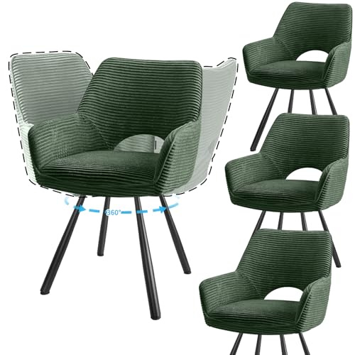 JIJIAN 4er Set 360° Drehbare Esszimmerstühle mit Armlehnen, Grün | Drehbar Stühle Esszimmer mit Metallbeinen, Moderner Küchenstuhl aus Cord, Polsterstuhl für Esszimmer, Küche, Wohnzimmer