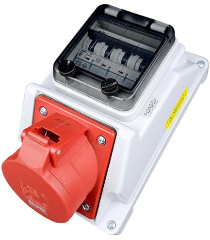 RoadEu Coffret mural IP44 avec disjoncteur 4P | Prise CEE 32A 5P 400V | Boîtier électrique avec couvercle transparent | Pré-câblé 6 mm² | conforme NF C 15-100 | Chantier & industrie