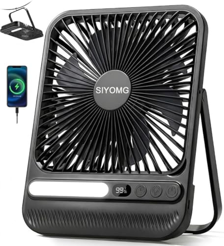 SIYOMG 10000mAh Akku Ventilator, Sehr Leiser Tischventilator mit Lampe, 23 cm hoch, bis zu 28 Std. Laufzeit, 4 Stufen, Ultraflach, mit Display und Haken, USB Ventilator für Camping, Büro, Reisen