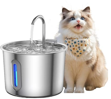 Cat Water Fountain for Drinking, Stainless Steel Cat Drinking Fountain 2.2L Ultra Quiet Pet Water Fountain Faucet Design Cats Bowl with Led Light and Visible Water Level Window