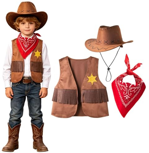 Cowboy kostym outfit för baby småbarn barn western cowgirl fin utklädnad med väst, röd bandana och hatt, cosplay festrekvisita, pojkar flickor halloween jul födelsedagspresent